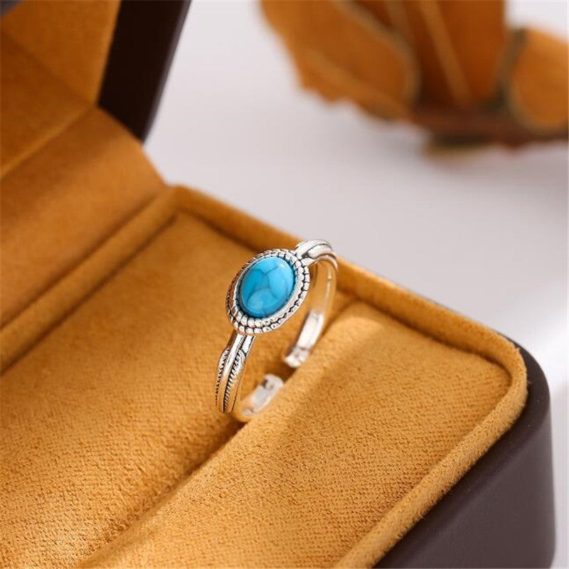 Retro Sterling Silberring mit türkisfarbenem Totem – literarischer ModestilRetro Sterling Silberring mit türkisfarbenem Totem – literarischer Modestil