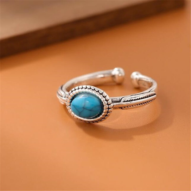 Retro Sterling Silberring mit türkisfarbenem Totem – literarischer ModestilRetro Sterling Silberring mit türkisfarbenem Totem – literarischer Modestil